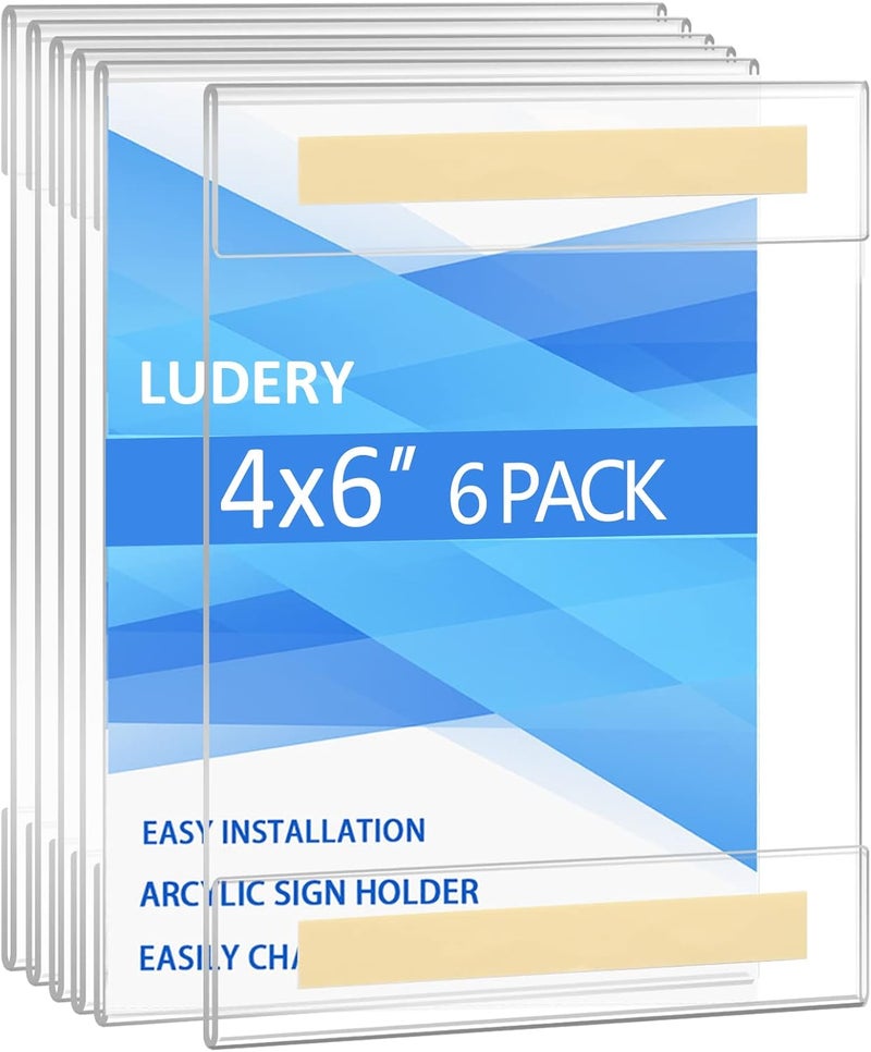 Ludery Acrylic Sign Holder 4x6 , Sign Holder Wall mount Door Sign Memo Holder ,Clear Wall Frame with Double Sided Tape Adhesive For Office, Home, Store, Restaurant, No Drilling - Vertical (6 Pack) - Image 1
